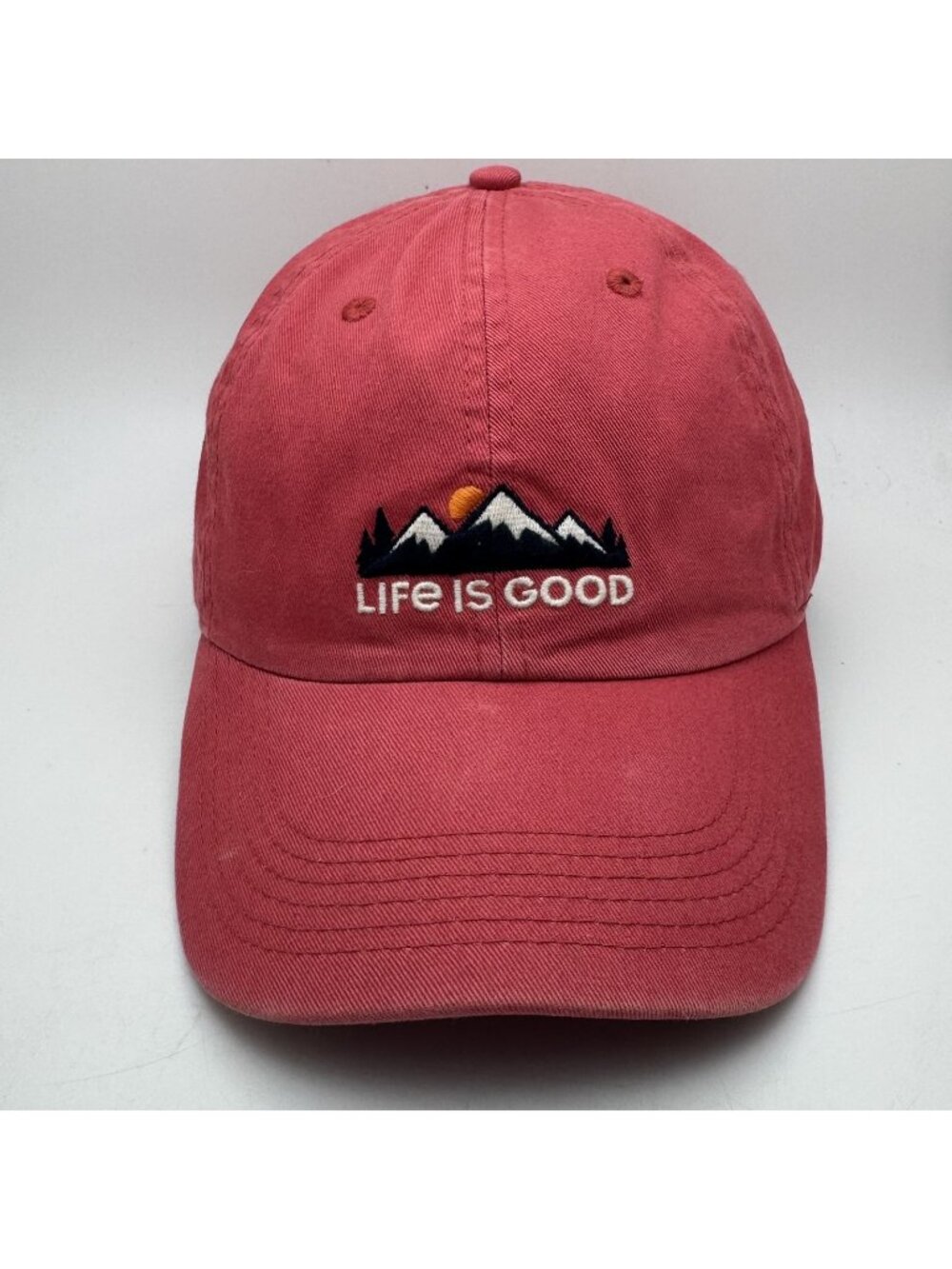 Life is Good "Mountains & Sunset" Baseball Dad Hat Cap Washed Red Adjustable